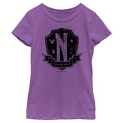 Girl's Wednesday Nevermore Academy Distressed Emblem Graphic Tee Purple Berry Large