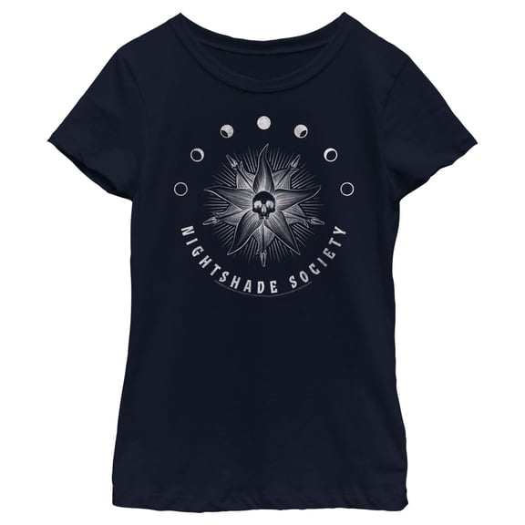 Girl's Wednesday Nightshade Society Distressed Logo Graphic Tee Navy Blue Large