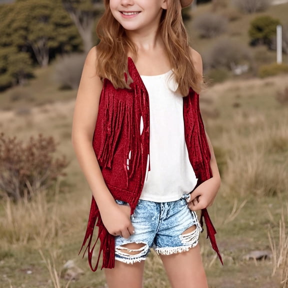 Girl's Western Outfit Fringe Vest Sleeveless Faux Suede Cowgirl Vest 70s Hippie Cowboy Chic Cardigan Jacket Boho Tops 3-39 Years