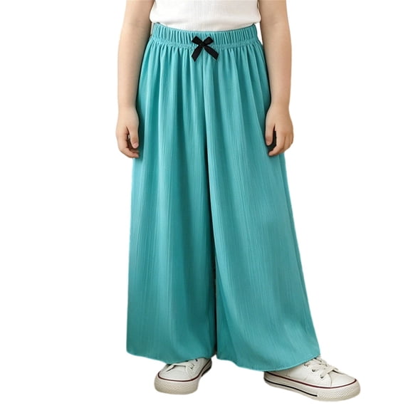 Girl's Wide Leg Cotton Trousers Elastic High Waist Casual Palazzo Pants Cute Bow Summer Vacation Outfits Comfy Travel Bottoms