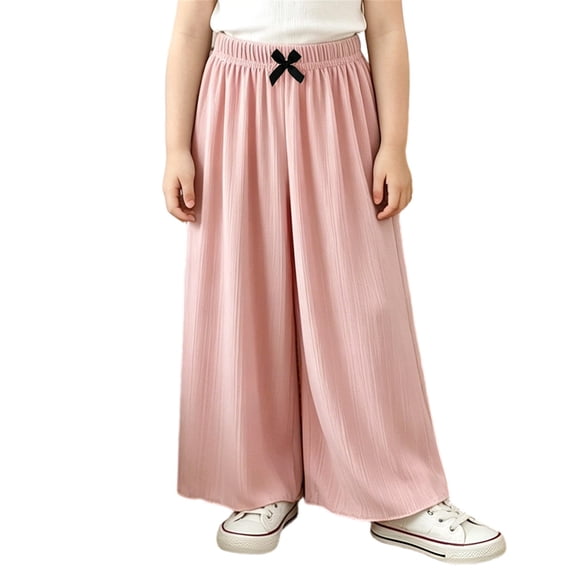 Girl's Wide Leg Cotton Trousers Elastic High Waist Casual Palazzo Pants Cute Bow Summer Vacation Outfits Comfy Travel Bottoms