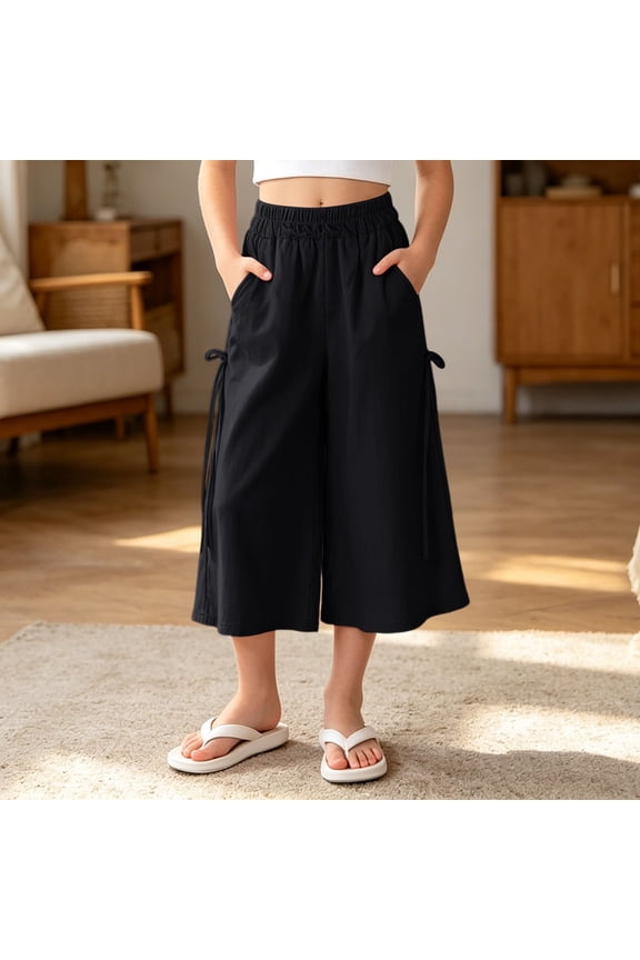 Girl's Wide Leg Linen Pants Elastic Waist Loose Fit Flowy Casual Beach Palazzo Harem Trousers with Pockets(Black,5-6 Years)