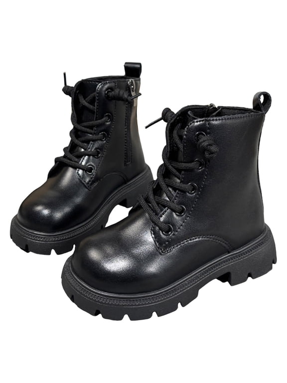 Girl's Winter Combat Boots Trendy Round Toe Lace up Side Zipper Chunky Lug Sole Riding Booties Casual Dress Fall Boots Black 13.5 Little Kid