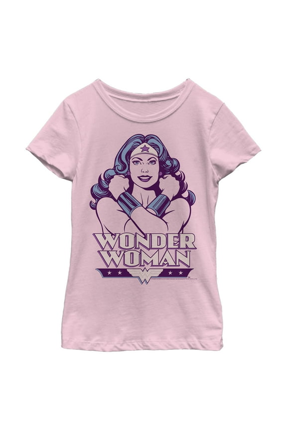 Girl's Wonder Woman Arms Crossed Pose Graphic Tee Light Pink Medium