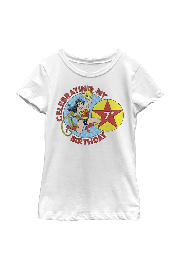 Girl's Wonder Woman Celebrating my 7th Birthday Graphic Tee White X Large