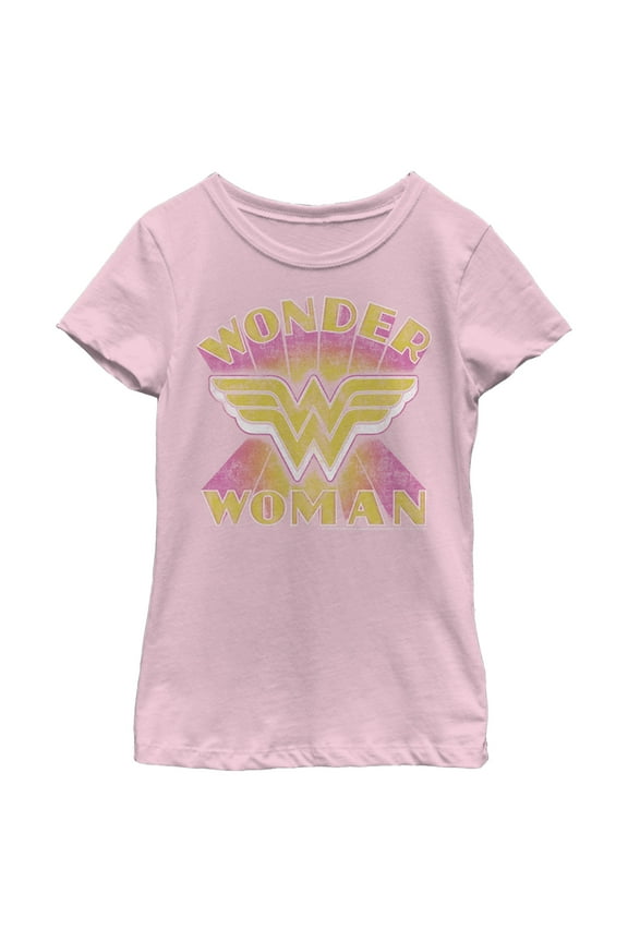 Girl's Wonder Woman Distressed Yellow Logo Graphic Tee Light Pink Small