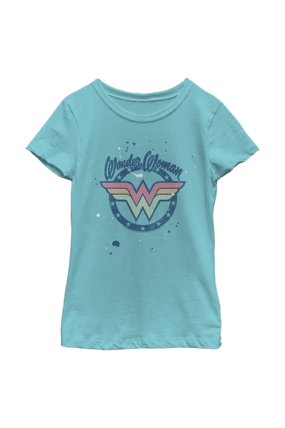 Girl's Wonder Woman Paint Splatter Logo Graphic Tee Tahiti Blue Medium
