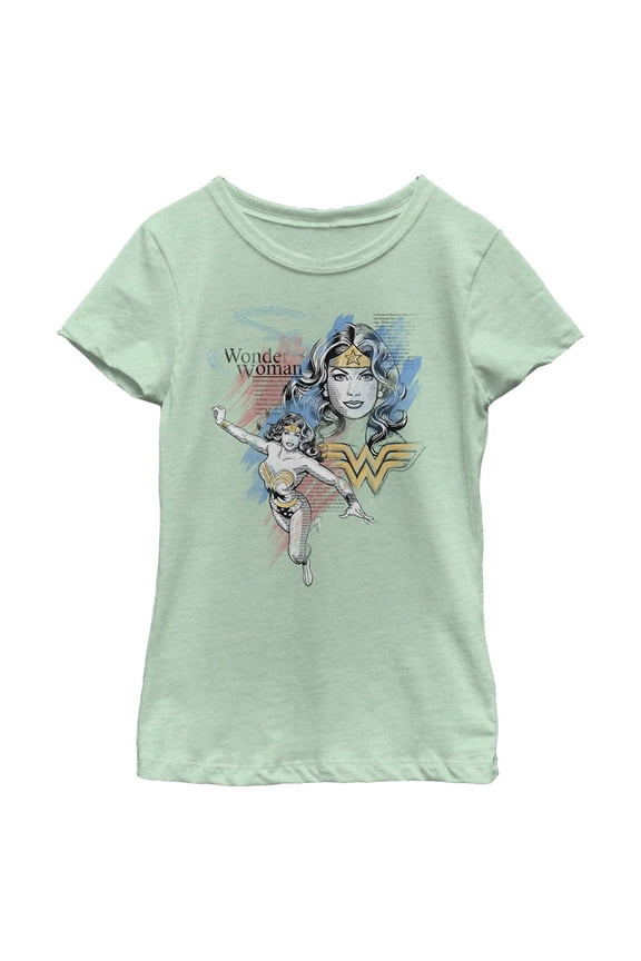 Girl's Wonder Woman Pastel Newspaper Graphic Tee Mint X Large