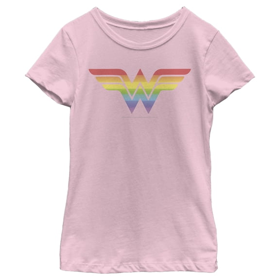 Girl's Wonder Woman Rainbow Classic Logo Graphic Tee Light Pink Medium