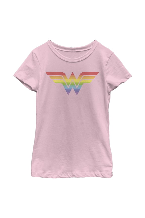 Girl's Wonder Woman Rainbow Classic Logo Graphic Tee Light Pink X Small