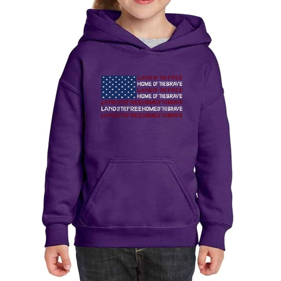 Girl's Word Art Hooded Sweatshirt - Land of the Free American Flag