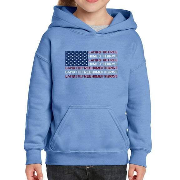 Girl's Word Art Hooded Sweatshirt - Land of the Free American Flag