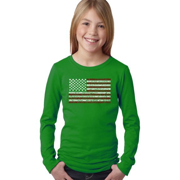 Girl's Word Art Long Sleeve - 50 States USA Flag