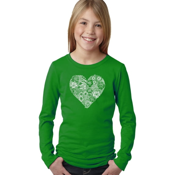 Girl's Word Art Long Sleeve - Heart Flowers