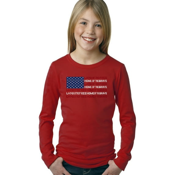Girl's Word Art Long Sleeve - Land of the Free American Flag