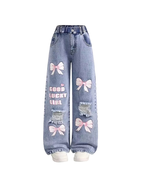 Girl's Y2K Bow Print Baggy Jeans High Waist Wide Leg Denim Pants Cute Graphic Pattern Loose Casual Streetwear Denim Trousers for Daily Outdoor 5-16 Years