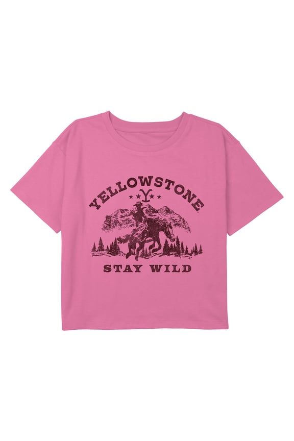 Girl's Yellowstone Distressed Stay Wild Tree Graphic Cropped T-Shirt
