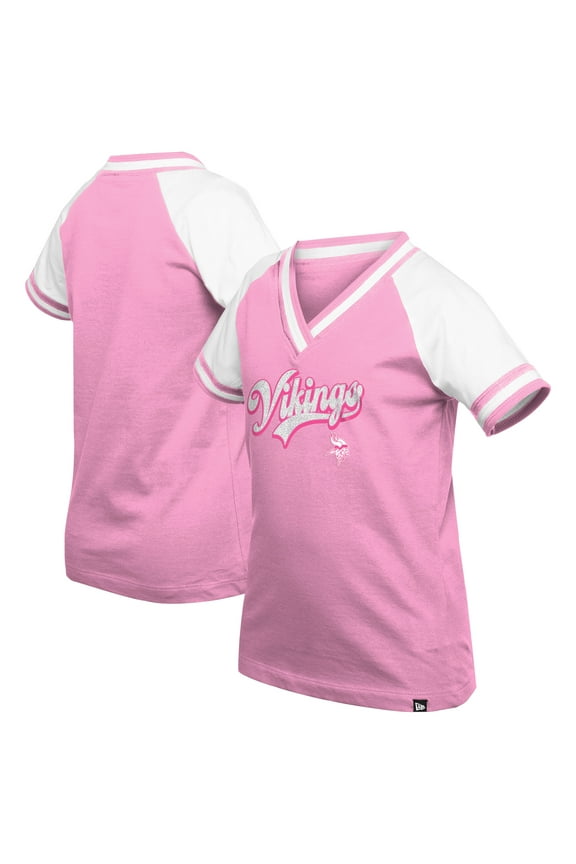 Girl's Youth-New Era  Pink Minnesota Vikings Mommy & Me Multiplier Raglan V-Neck T-Shirt