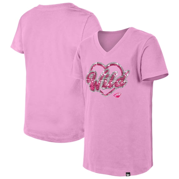 Girl's Youth New Era Pink Minnesota Wild Flip Sequin V-Neck T-Shirt
