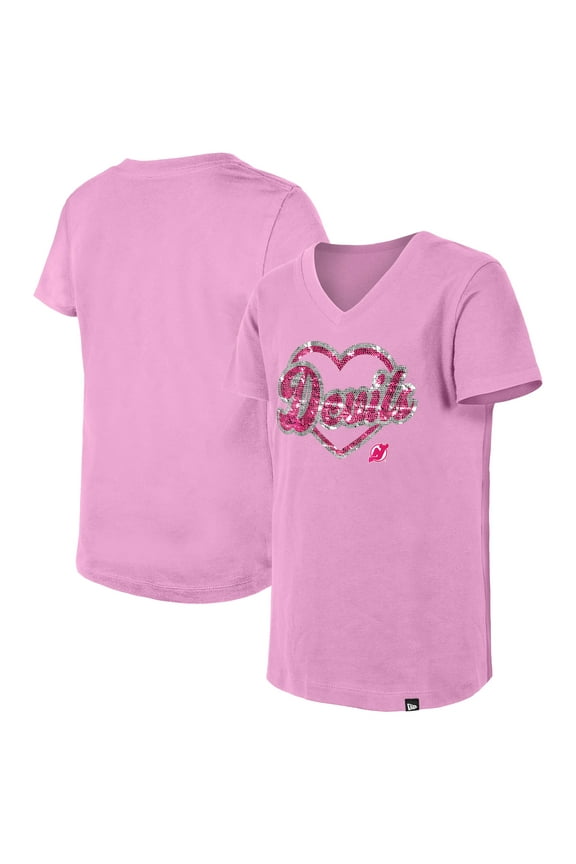 Girl's Youth New Era Pink New Jersey Devils Flip Sequin V-Neck T-Shirt