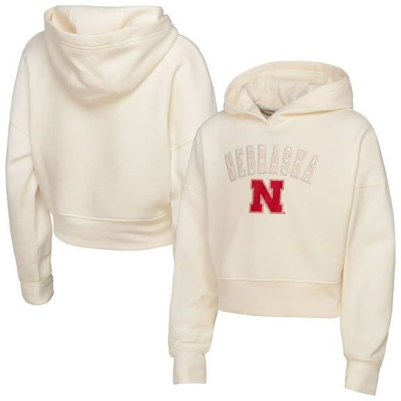 Girl's Youth Outerstuff Cream Nebraska Huskers Oversized Blitz Cropped Pullover Hoodie