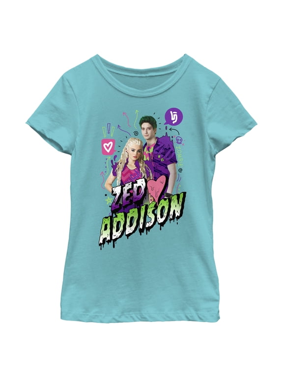 Girl's Z-O-M-B-I-E-S Zed and Addison Graphic Tee Tahiti Blue Medium