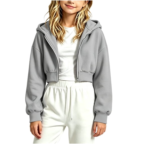 Girl's Zip Up Cropped Hoodie Crop Top Sweatshirt Drawstring Long Sleeve Jacket Kid's Solid Color Casual Zippered Hooded Sweatshirt 5-15Y