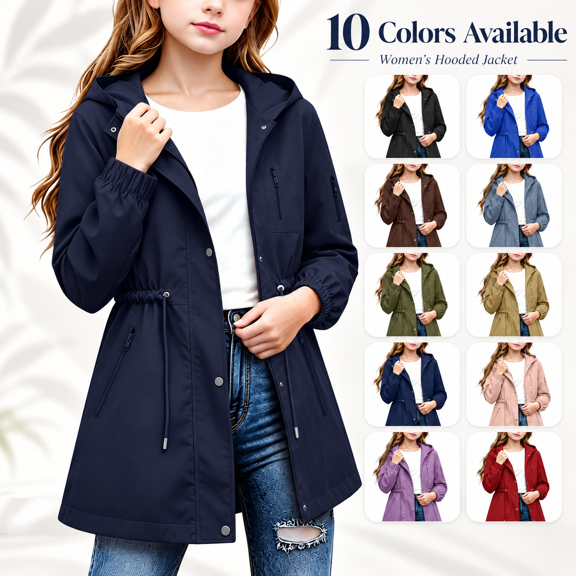 Girl's Zip up Hooded Rain Jackets, Drawstring Waist Long Sleeve Windbreaker, Lightweight Waterproof Rain Coat with Zip Pockets, 12-13 Years