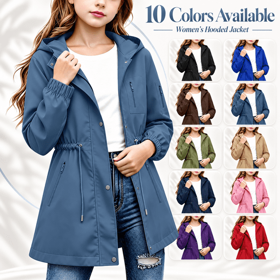 Girl's Zip up Hooded Rain Jackets, Drawstring Waist Long Sleeve Windbreaker, Lightweight Waterproof Rain Coat with Zip Pockets, 4-5 Years