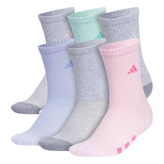 Girl's adidas 6-Pack Athletic Cushioned Crew Socks Color: Light Gray Aqua Size: LARGE