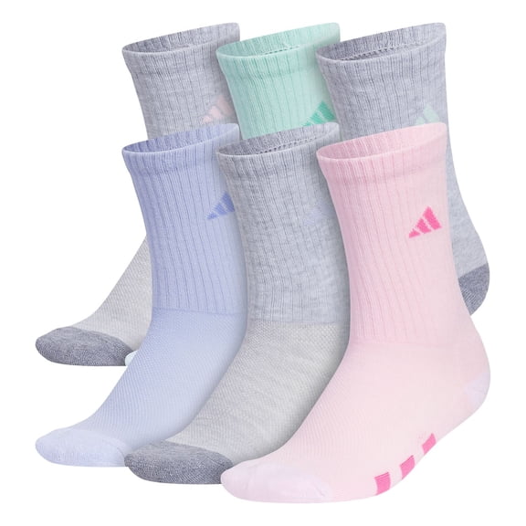 Girl's adidas 6-Pack Athletic Cushioned Crew Socks Color: Light Gray Aqua Size: LARGE