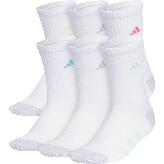 Girl's adidas 6-Pack Athletic Cushioned Crew Socks Color: White Gray Magenta Size: MEDIUM