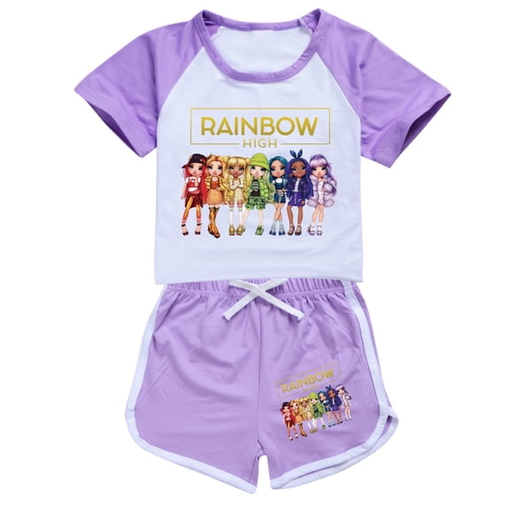 Girl set short sleeved set Rainbow high children's girl short sleeved T-shirt shorts sports set movie, TV game cartoon children's fashion casual set, suitable for children aged 5-13