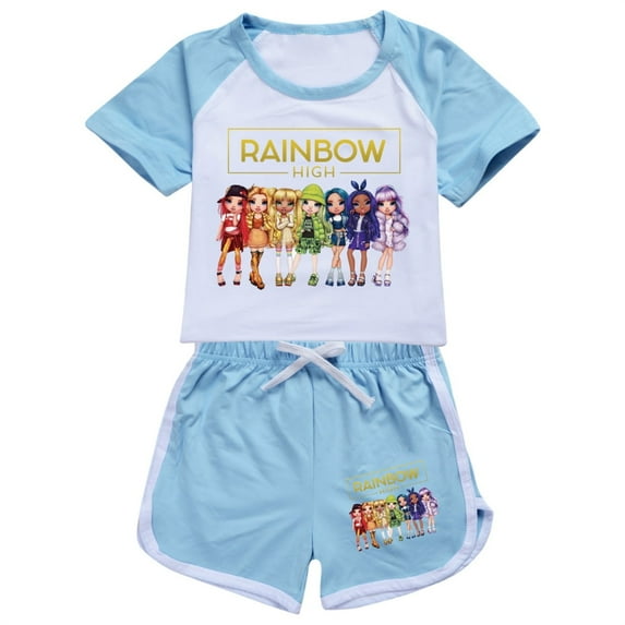 Girl set short sleeved set Rainbow high children's girl short sleeved T-shirt shorts sports set movie, TV game cartoon children's fashion casual set, suitable for children aged 5-13