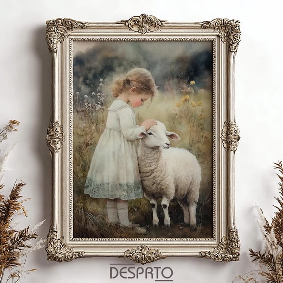 Girl and sheep print, antique shepherdess lamb village farmhouse decor, moody rustic sheep cottagecore wall art painting, printable vintage 8x12 UNFRAMED