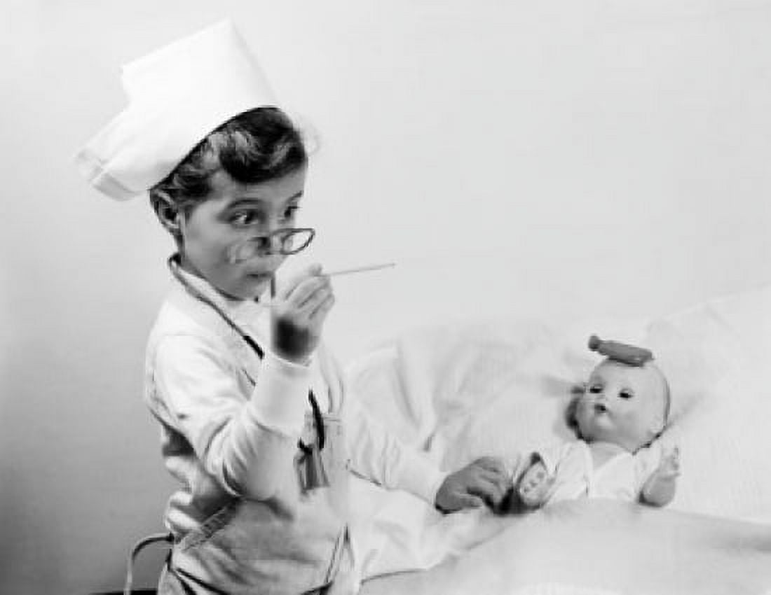 Girl wearing doctor costume playing with thermometer Canvas Art - (18 x 24)