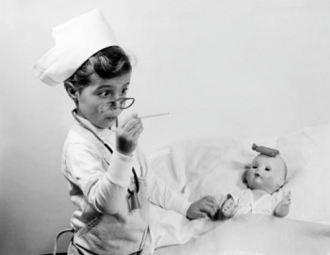 Girl wearing doctor costume playing with thermometer Canvas Art - (24 x 36)