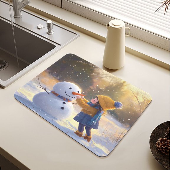 Girl with A Snowman Drying Mat Diatomaceous Earth Super Absorbent Slip Rubber Sole Heat Resistant 230 Degrees Fahrenheit 23.619.7in