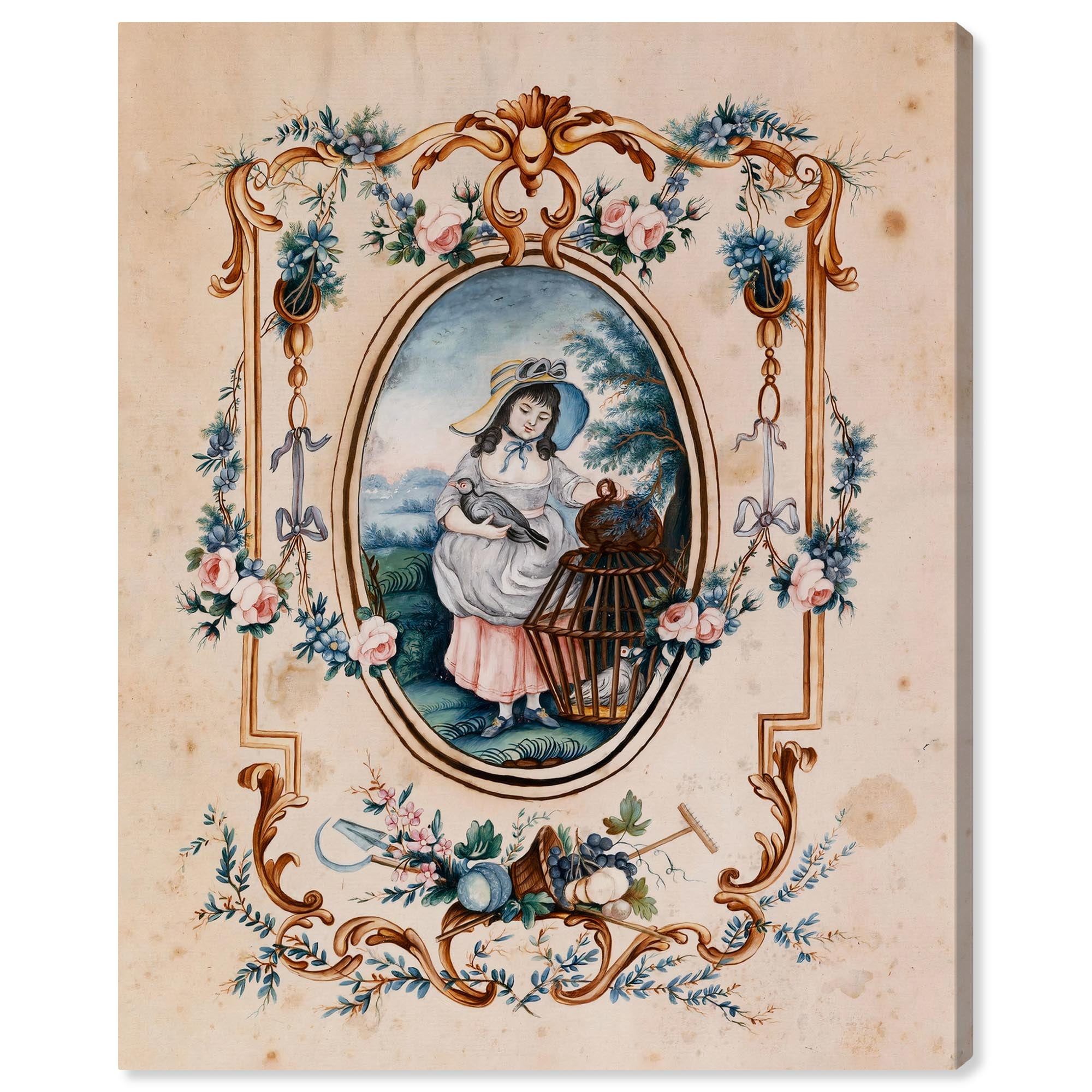 Girl with Birds in Wicker Cage Canvas Art, 16" x 20"