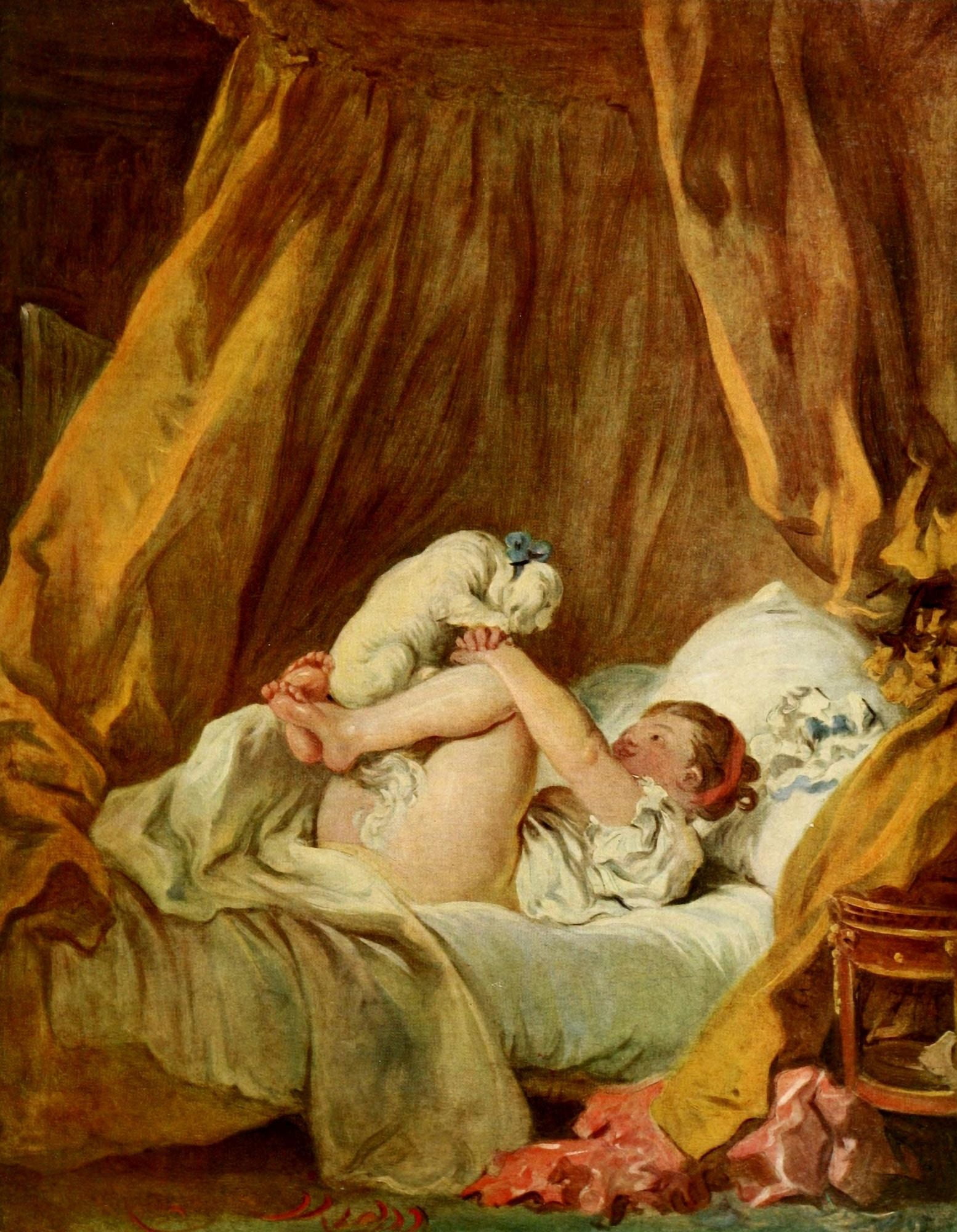 Girl with Dog Rococo age 1960 Canvas Art - Jean-Honor Fragonard (24 x 36)