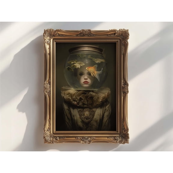 Girl with Fishbowl Head Wall Art Print or Canvas: Surreal Gothic Portrait, Frame Options