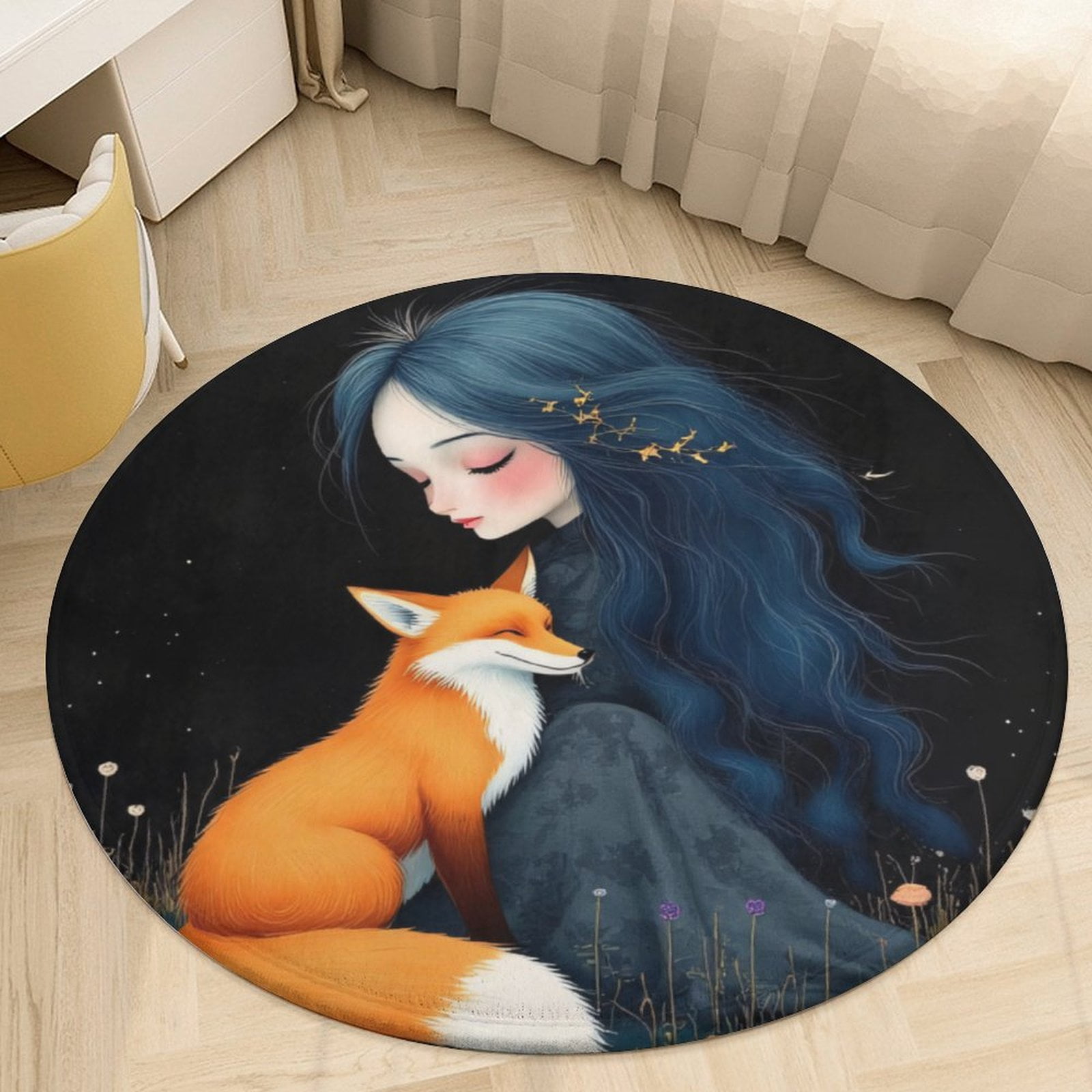 Girl with Fox in Night Garden Round Area Rugs for Bedroom Living Room ...