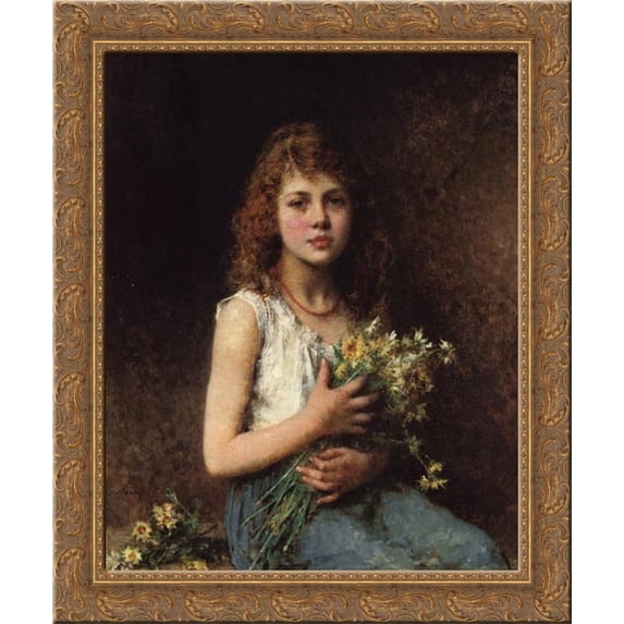 Girl with Spring Flowers 20x23 Gold Ornate Wood Framed Canvas Art by Harlamoff, Alexej Alexeivich