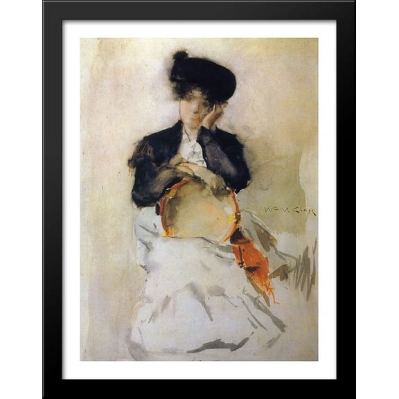 Girl with Tambourine 28x36 Large Black Wood Framed Print Art by William Merritt Chase
