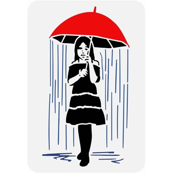 Girl with Umbrella Painting Stencil 8.3x11.7inch Large Raining Pattern Drawing Template Reusable Umbrella Rain Girl Stencil for DIY handcrafting