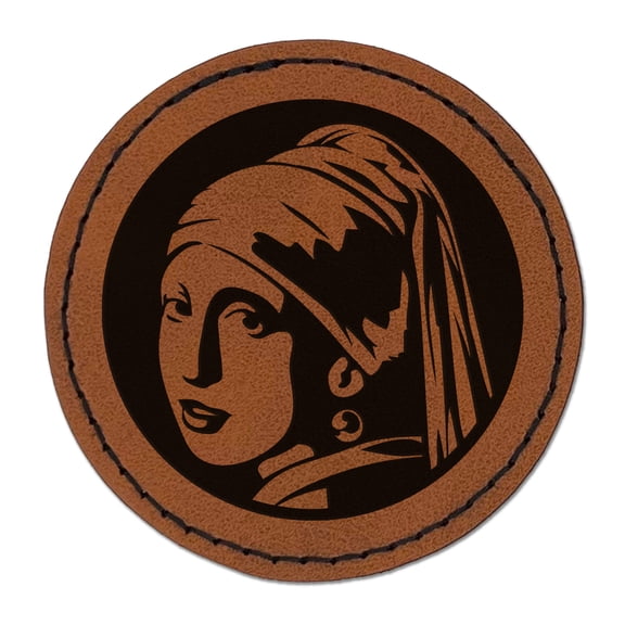 Girl with a Pearl Earring Painting by Johannes Vermeer 2.5" Faux Leather Round Engraved Iron-On Patch - Brown