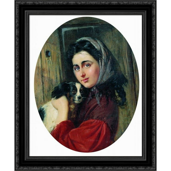 Girl with dog 20x20 Black Ornate Wood Framed Canvas Art by Makovsky, Konstantin