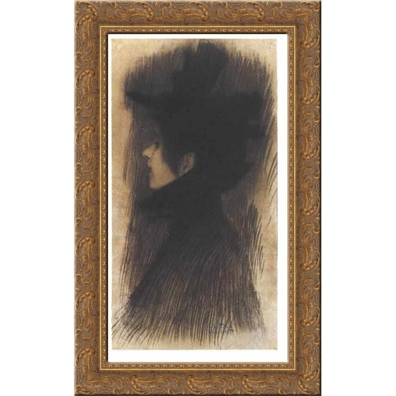 Girl with hat and cape in profil 24x16 Gold Ornate Wood Framed Canvas Art by Gustav Klimt