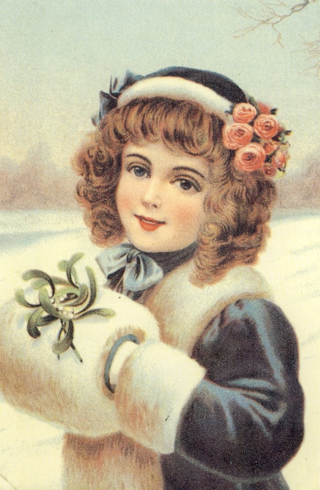 Girl with muff & mistletoe c1880 Canvas Art - Unknown (18 x 24)