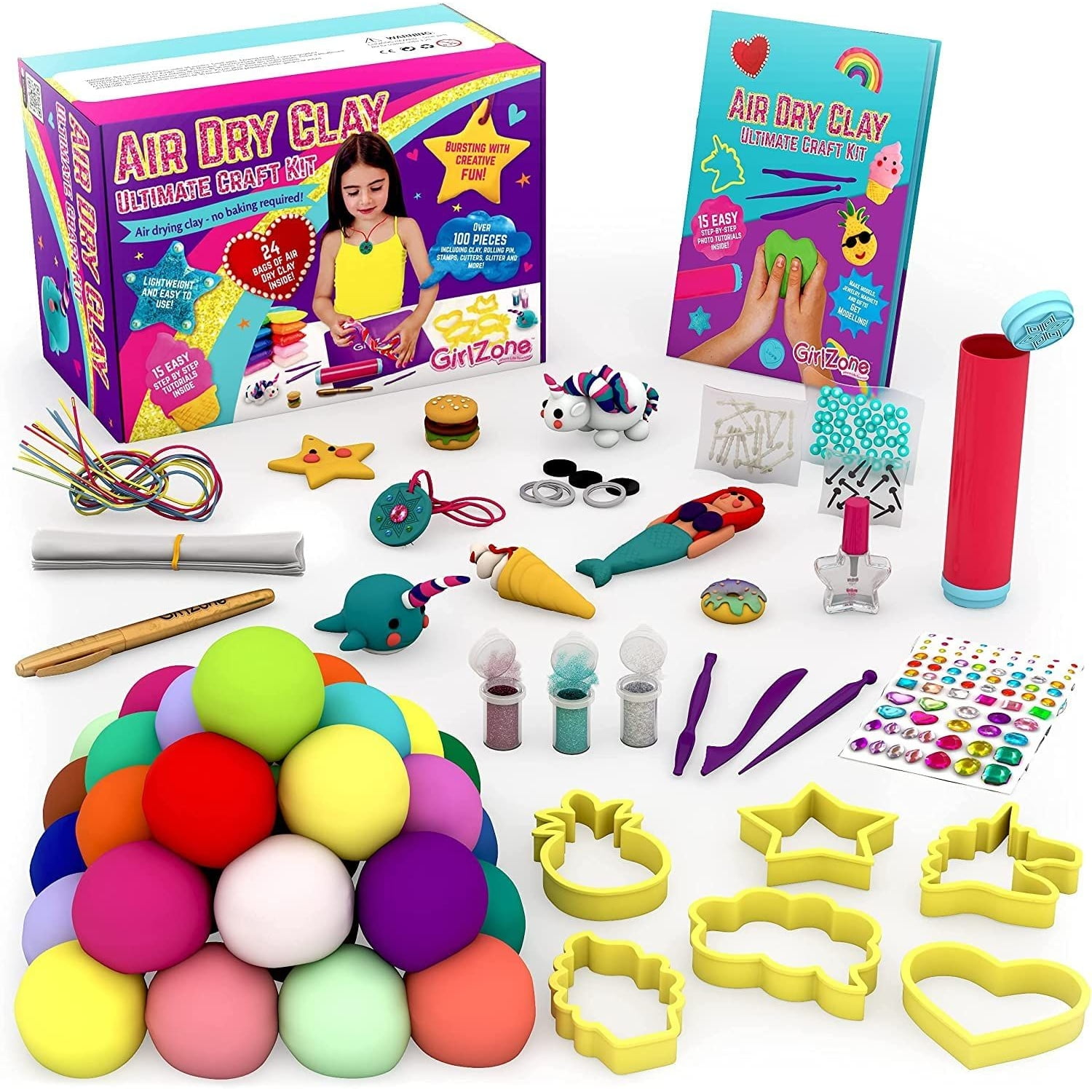 GirlZone Air Dry Craft Kit: 100+ pieces, No Baking, Age 3+